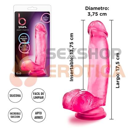 Dildo rosa semi transparente con testiculos y sopapa